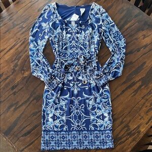 Cache Blue and White Long Sleeve Dress